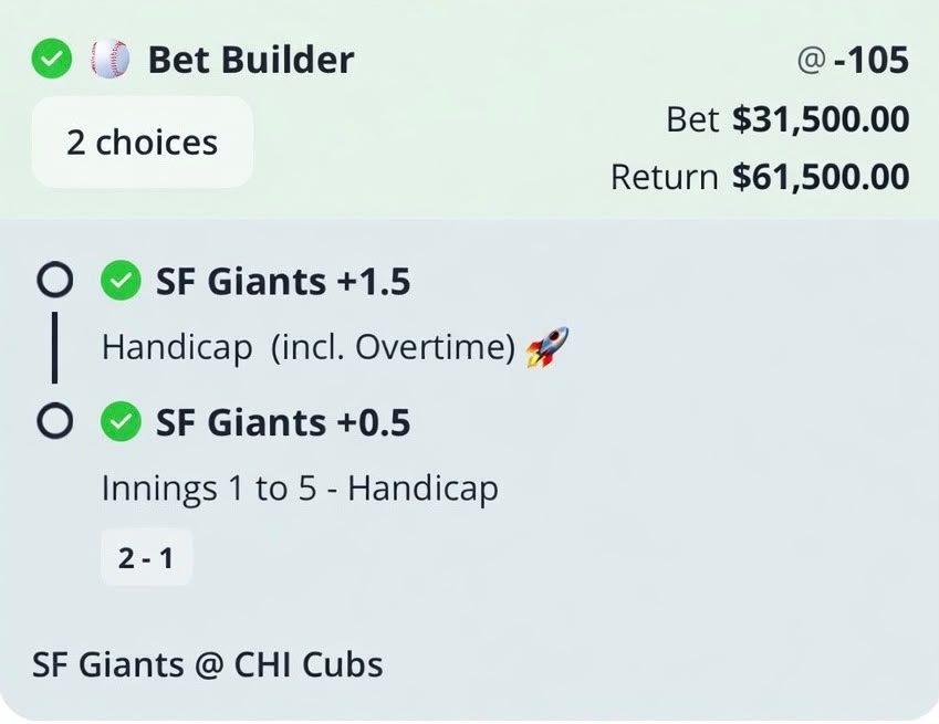 Ticket: Bet Builder: Giants +1.5 y +0.5 (entradas 1-5)
